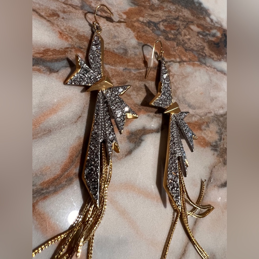 Alexis Bittar Gold and Silver Crystal Geometric Tassel Earrings